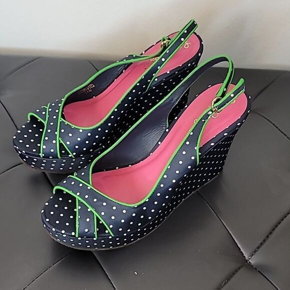 Lilly Pulitzer Polka Dot Wedge Peep Toe Sandals Navy White - Picture 5 of 11